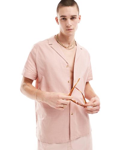 ASOS Relaxed Linen Blend Shirt With Deep Revere Collar - Pink