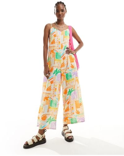 Native Youth Tropical Print Wide Leg Cami Jumpsuit - White