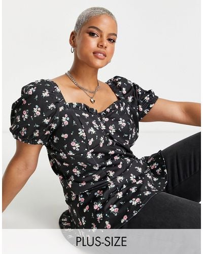 Simply Be Frill Hem Corset Sweetheart Neck Floral Top - Black