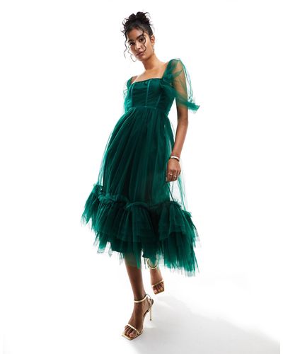 LACE & BEADS Corset Ruffle Tulle Midaxi Dress - Green