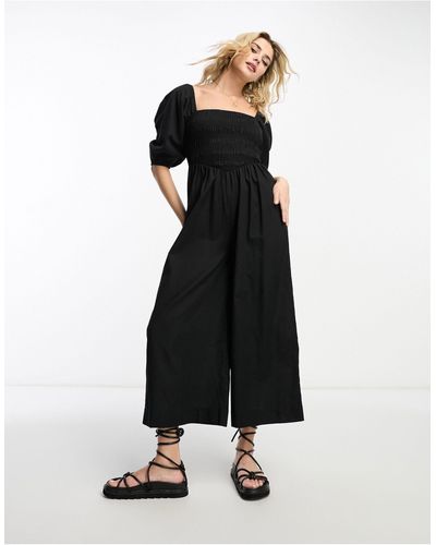 ASOS Linen Look Shirred Bodice Puff Sleeve Jumpsuit - Black