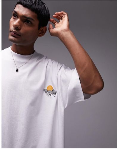TOPMAN T-shirt ultra oversize avec broderie grue style tatouage - Blanc