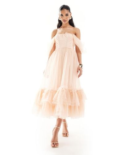 LACE & BEADS Corset Tulle Midaxi Dress - Natural
