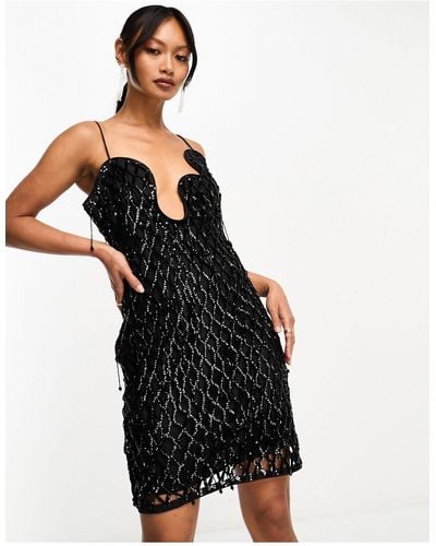 ASOS Embellished Lattice Mini Dress With Fringing And Wave Neckline - Black