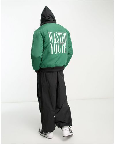 Wesc Giacca bomber con logo e stampa "wasted youth" - Verde