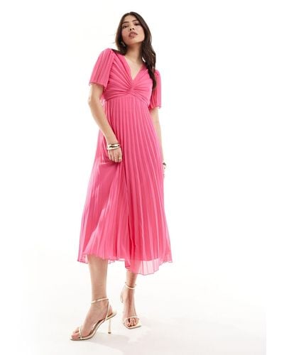 ASOS Pleated Bodice Flutter Sleeve Pleat Midi Dress - Pink