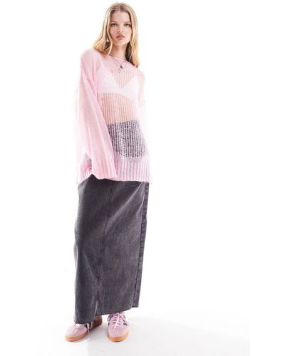 Monki Loose Textured Knitted Jumper With Sheer Panel - Pink