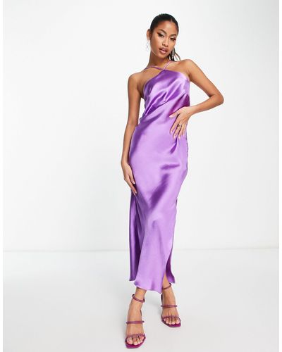 ASOS Halter Satin Midi Dress With Side Split And Lace Up Back - Purple