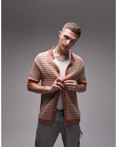TOPMAN Knitted Textured Crochet Button Through Polo - Gray