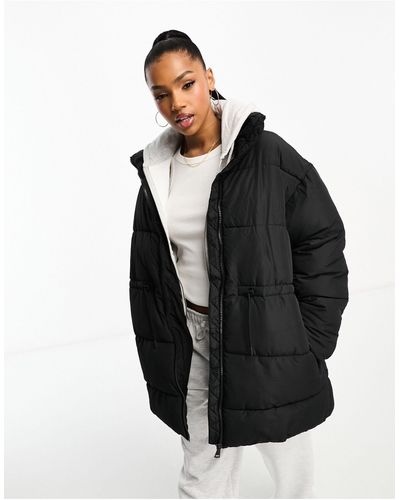 Monki Padded Coat With Drawstring Waist - Black