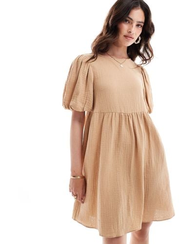 ASOS Double Cloth Mini Smock Dress With Puff Ball Sleeves - Natural