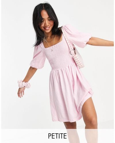 Vero Moda Cotton Shirred Mini Skater Dress With Puff Sleeves - Pink