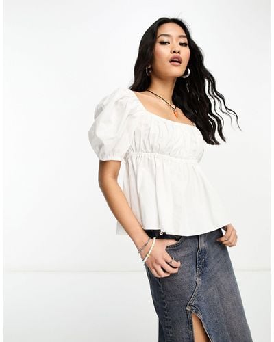 Collusion Square Neck Puff Sleeve Crop Blouse - White
