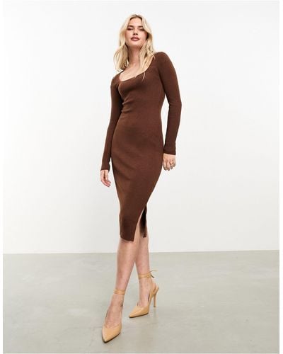 Nobody's Child Square Neck Knitted Midi Dress - Brown