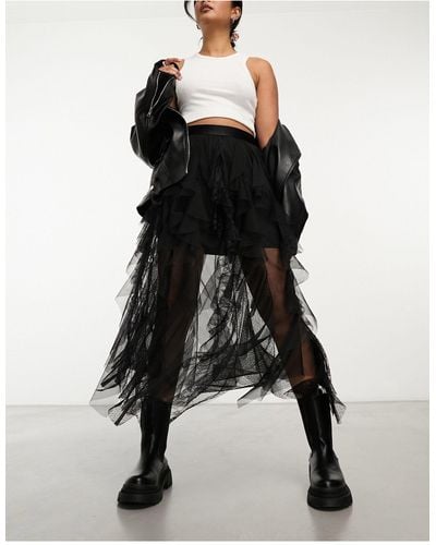 Miss Selfridge Ruffle Mixed Lace Midi Skirt - Black