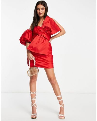 EVER NEW Taffeta One Sleeve Bow Mini Dress - Red
