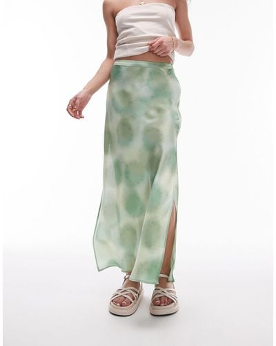 TOPSHOP Satin Tie Dye Bias Skirt - Green