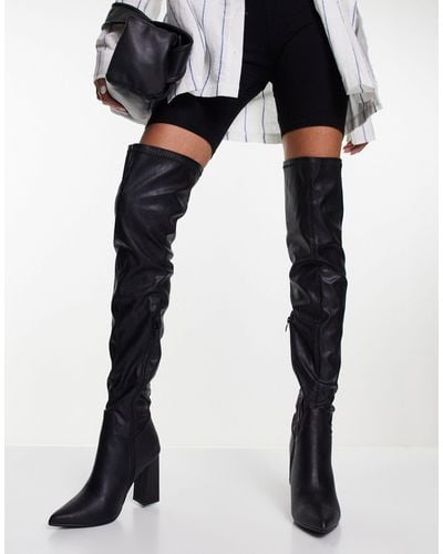 Truffle Collection Leather Look Thigh High Heeled Boots - Black
