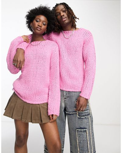 Collusion Unisex Handknitted Open Hole Jumper - Pink