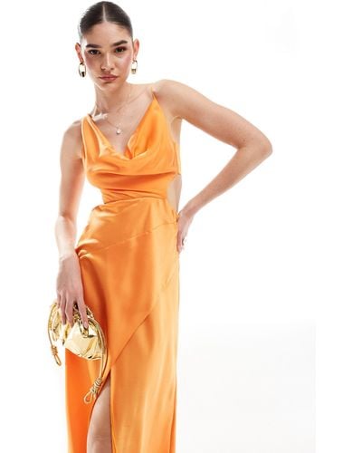 ASOS Satin Cowl Midaxi Dress With Cut Out Waist And Graduated Hem - Orange