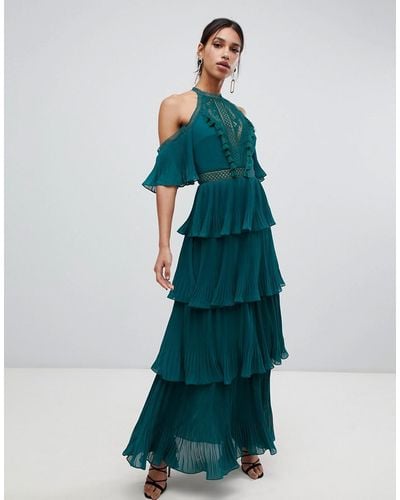 True Decadence Cold Shoulder Tiered Maxi Dress With Tassel Detail In Forest Green