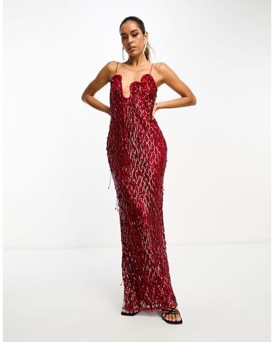 ASOS Embellished Lattice Maxi Dress With Fringing And Wave Neckline - Red