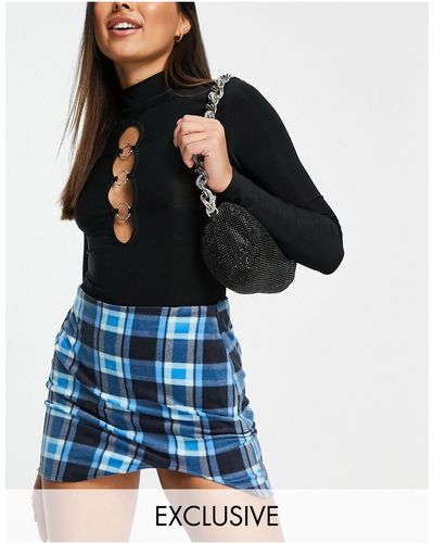 Collusion Brushed Check Curved Hem Mini Skirt - Blue
