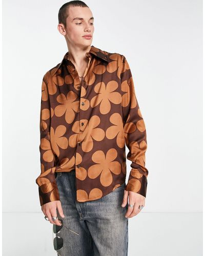 ASOS Satin Shirt With 70s Collar - Brown