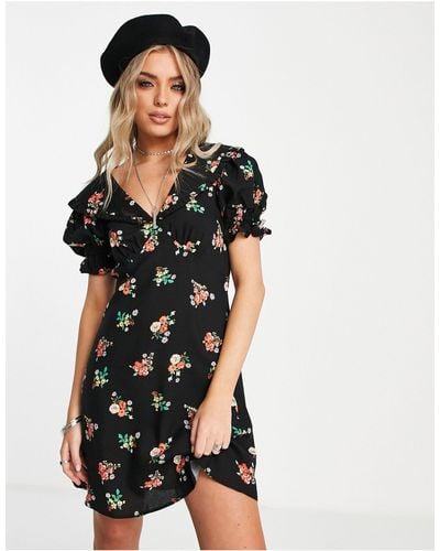 TOPSHOP Grunge Floral Collar Mini Tea Dress - Black