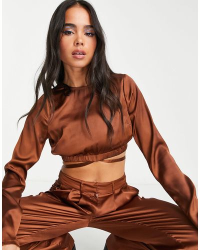 Noisy May Satin Tie Detail Top Co-ord - Brown