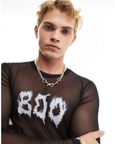 ASOS Halloween - t-shirt crop top moulant en tulle avec manches longues et imprimé boo à l'avant - Marron