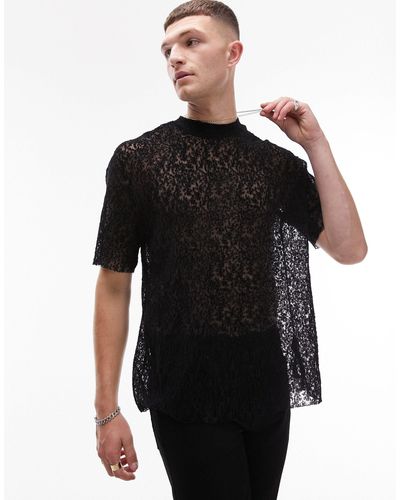 TOPMAN Oversized Fit T-shirt With Plisse Mesh Lace - Black