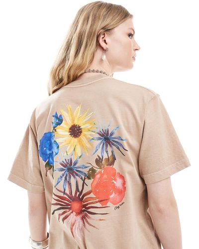 Obey T-shirt beige con stampa a fiori - Rosa