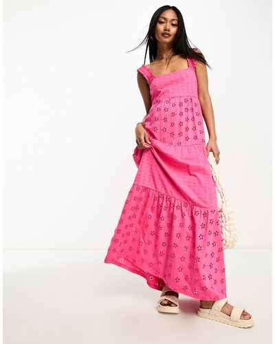 ASOS Square Neck Broderie Tiered Maxi Dress - Pink