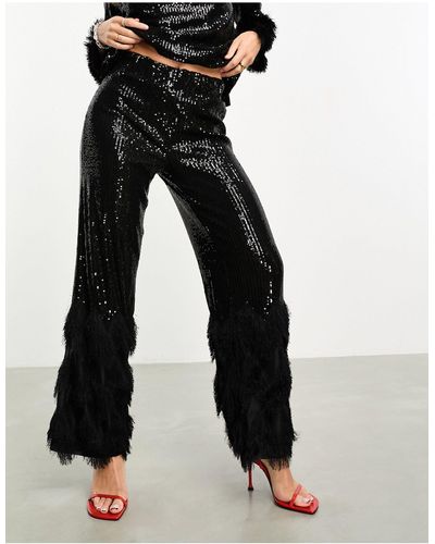 Y.A.S Wide Leg Sequin Trousers With Textured Fluffy Hem - Black