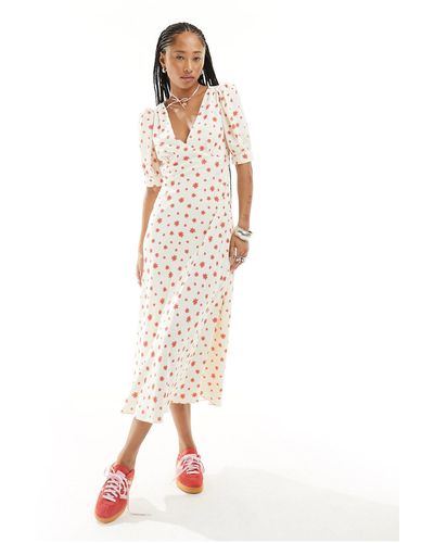 Glamorous – midi-freizeitkleid mit v-ausschnitt und rotem gänseblümchen - Weiß