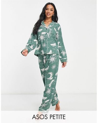 ASOS Asos Design Petite Modal Astrology Shirt & Trouser Pyjama Set - Green