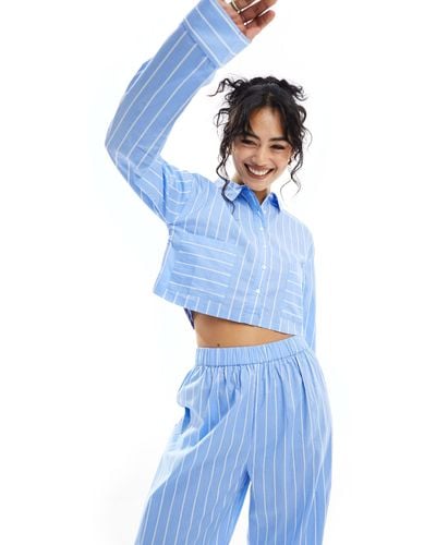 Luna Oversized Cropped Pyjama Shirt Co Ord - Blue