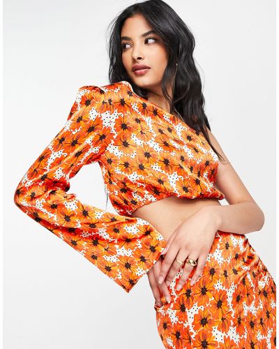 TOPSHOP Co-ord Satin One Shoulder Poppy Print Crop Top - Red