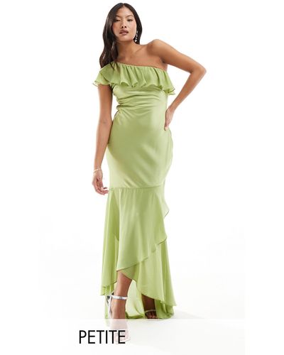 TFNC London Bridesmaid Satin One Shoulder Ruffle Maxi Dress - Green