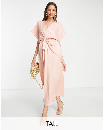 Flounce London Satijnen Midi-jurk Met Kimonomouwen - Roze