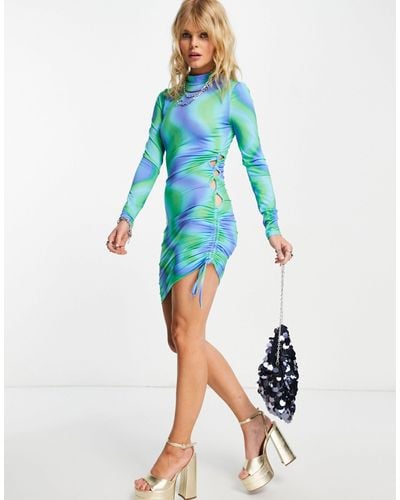 Bershka Side Cut Out Detail Holographic Print Mini Dress - Blue