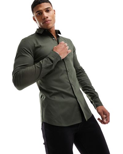 New Look Long Sleeve Muscle Fit Poplin Shirt - Green