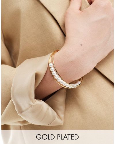 ASOS Curve 14k Plated Cuff Bracelet With Faux Pearl Insert - Natural