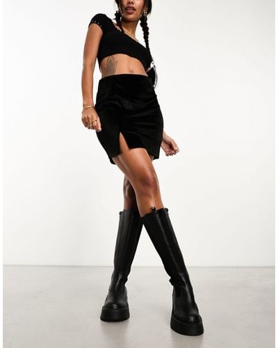 Monki Velvet Mini Skirt With Split Hem - Black