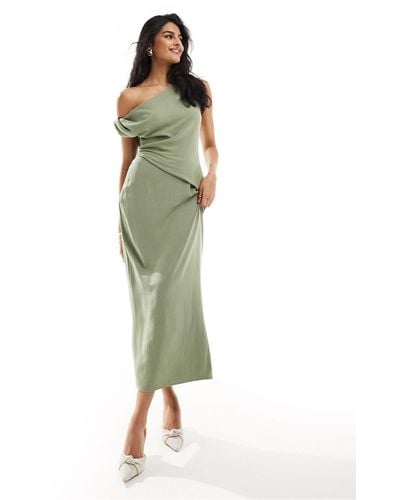 ASOS Fallen Shoulder Linen Look Midi Dress With Pleat Waist - Green