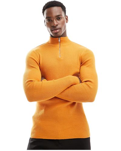 ASOS Muscle Fit Knitted Essential 1/4 Zip Jumper - Orange