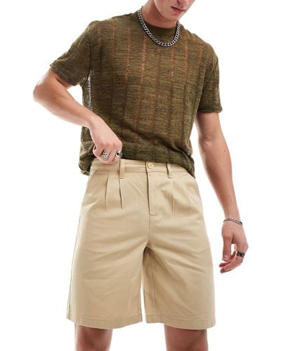 ASOS Double Pleat Longer Length Chino Shorts - Natural