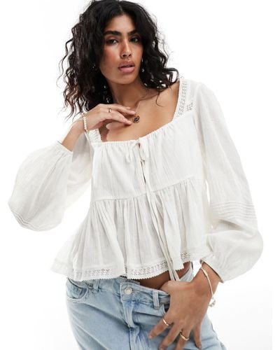 ASOS Long Sleeve Square Neck Blouse With Lace Inserts - White