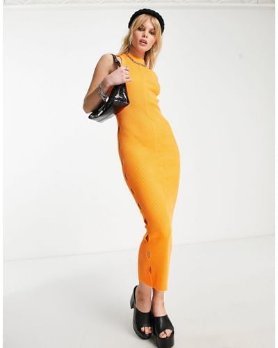 Fashionkilla Rib Midi Dress With Cut Out Detail - Orange